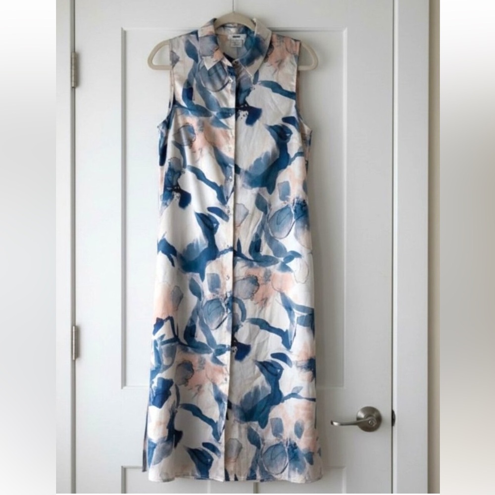 DKNY Sleeveless Blue and Peach Print Shirt Dress